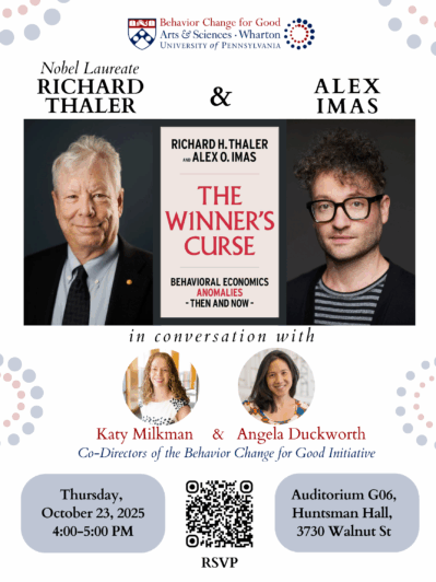 Flyer for a conversation event featuring Richard Thaler and Alex Imas about "The Winner's Curse." Includes photos of the speakers and event details for October 23, 2025.